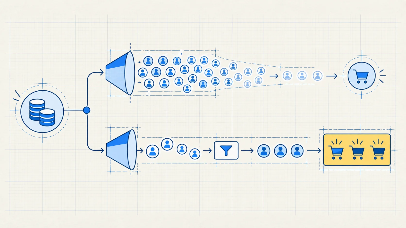 Two lead-generation pipelines begin with the same spend: a crowded route produces one sale while a smaller qualified route produces three sales.