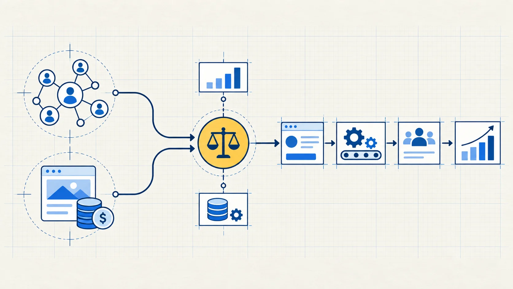 Referral and paid-advertising channels meet at a readiness and economics decision gate before entering one shared lead system.