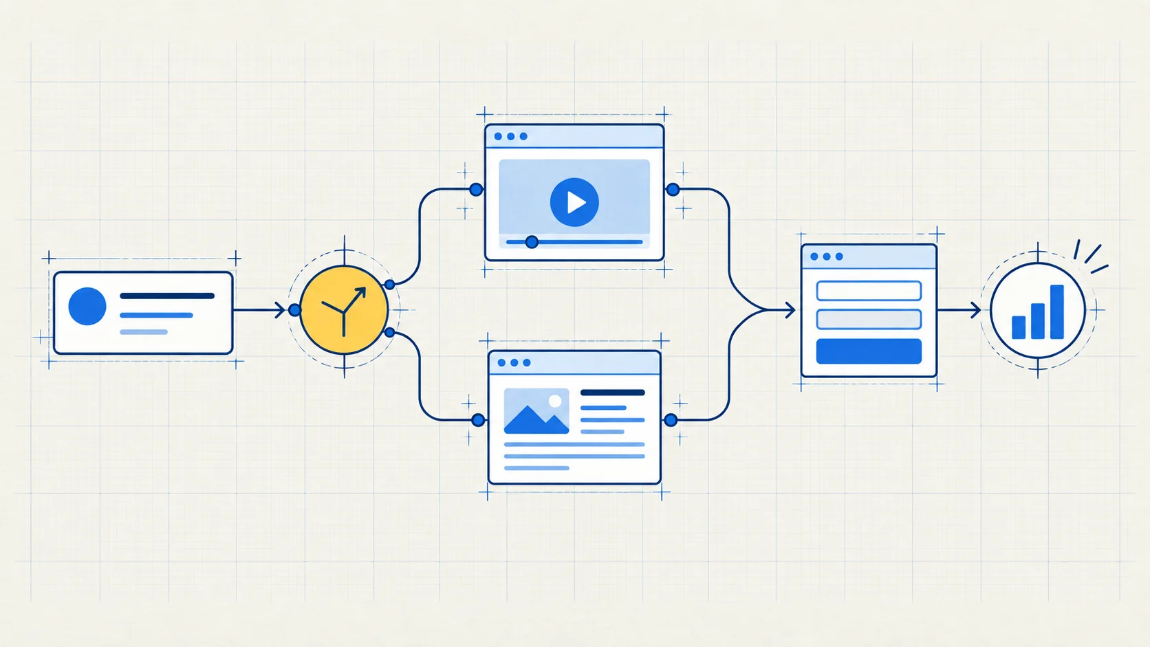 A buyer question branches to either a video module or a structured text page before both routes reconnect at the same enquiry form.