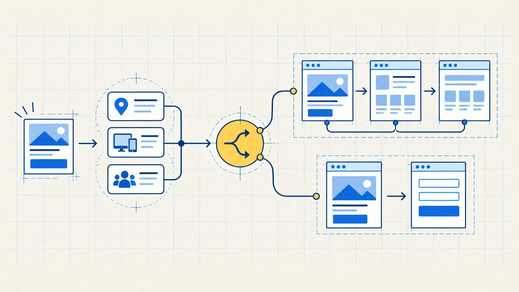 An advertisement and visitor context enter a routing decision that leads to either a multi-page website or a focused landing page.