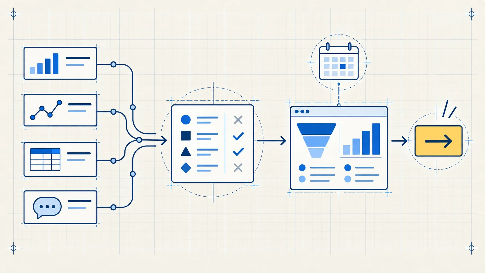Four reporting sources are reconciled into one weekly lead dashboard that produces a single highlighted action.